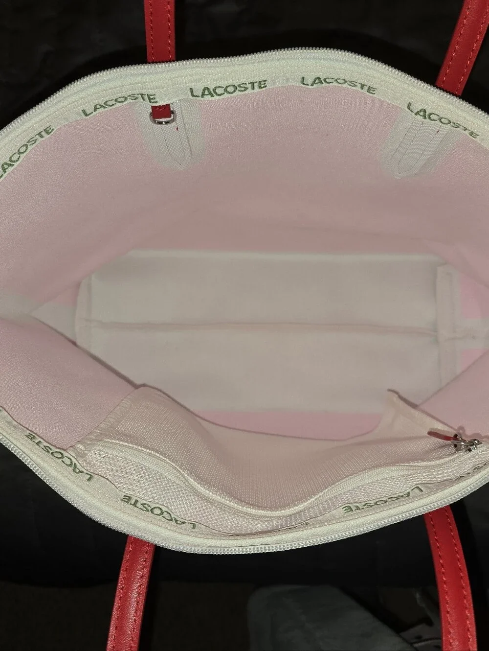 Lacoste Red White Trim L.12.12 Concept Shopping Bag Large Zipper Tote Purse